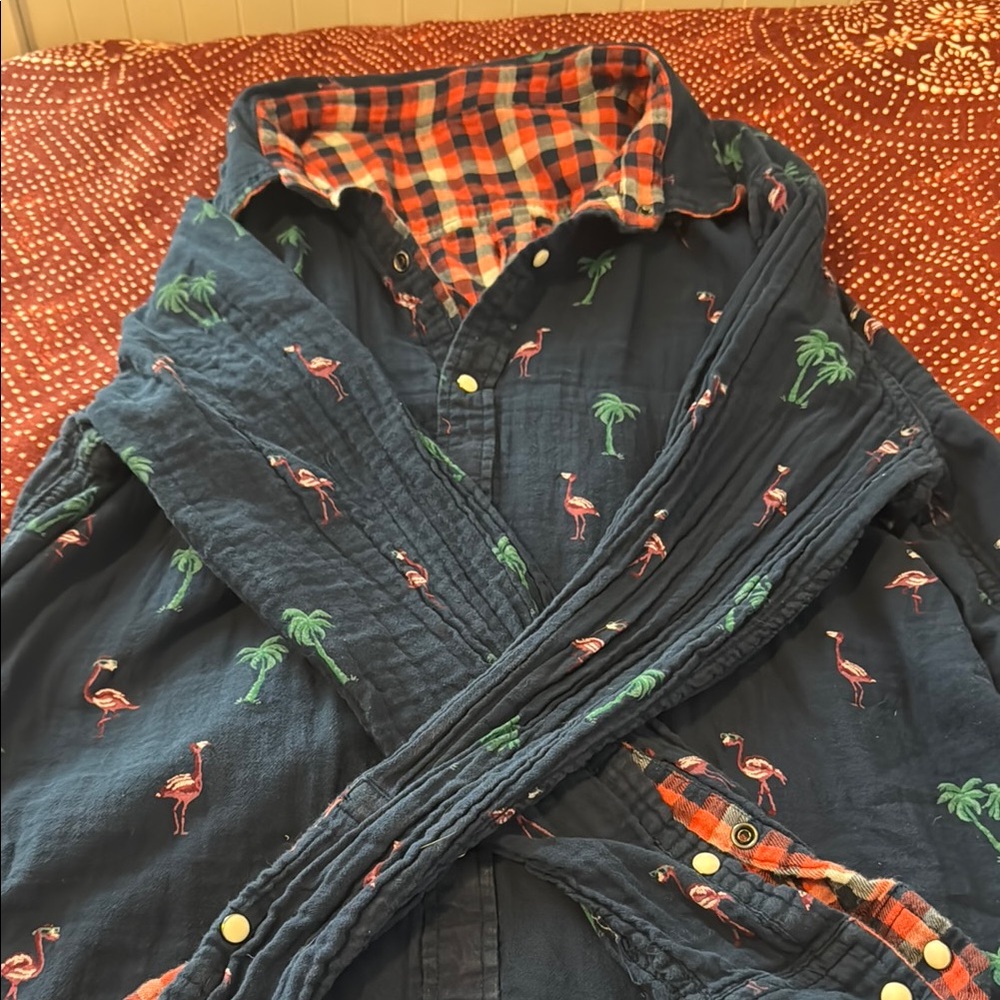 Navy Flamingo Button-Up Reversible Shirt with Plaid Option